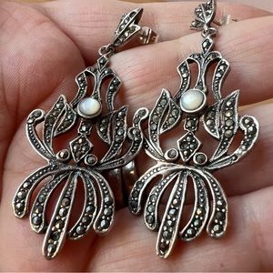 VINTAGE MOONSTONE & MARCASITE DANGLE DROP STATEMENT 925 STERLING EARRINGS